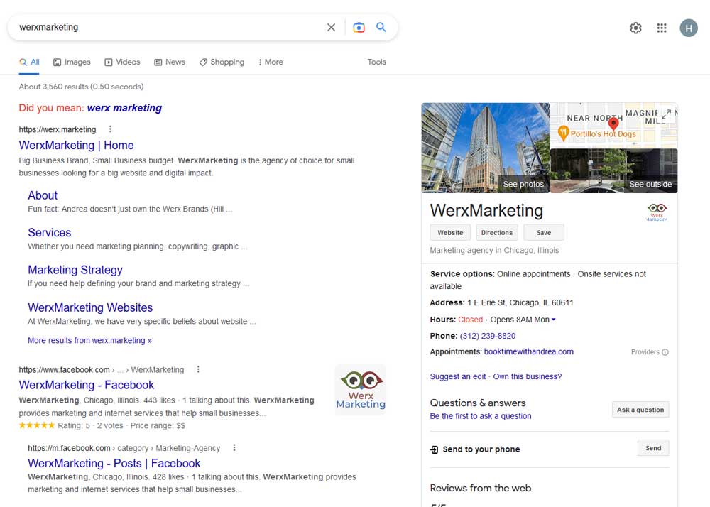 An image of a Google search engine results page (SERP) for Werxmarketing
