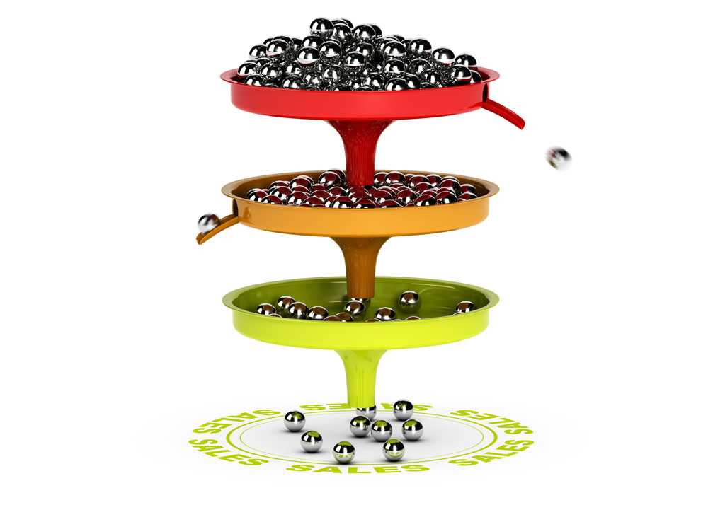 Graphical representation of a sales funnel, illustrating with silver shot the concept of more elements entering the funnel at the top, many being discarded at each level, until only a few arrive at the bottom.