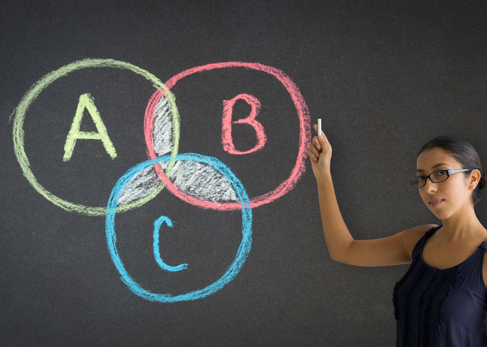 A young woman points at a blackboard where she has drawn a venn diagram and colored in the areas of overlap.